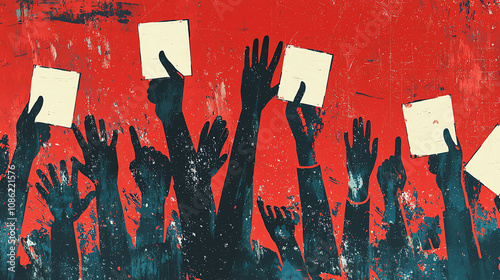 People's hands raised with ballots in a vibrant abstract design highlighting civic engagement and democracy