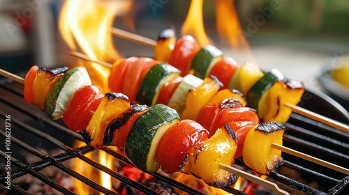 Grilled vegetable skewers with vibrant colors and smoky flames, showcasing a delicious BBQ dish perfect for summer gatherings.