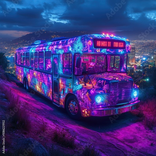 A vibrant, neon-lit bus parked on a hillside overlooking a cityscape at dusk.