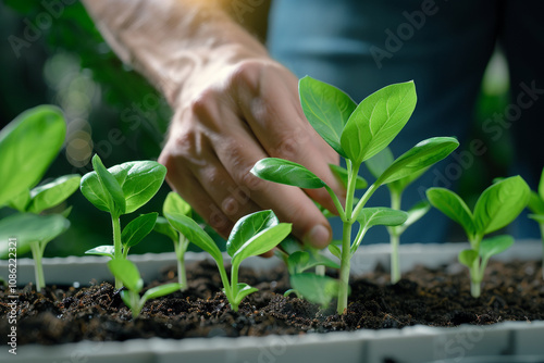 A Gardener Planting Young Seedlings in Rich Dark Soil
