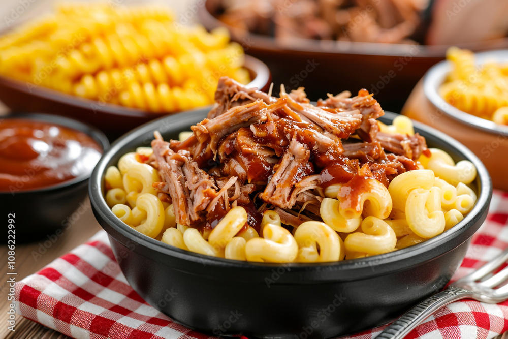 Delicious BBQ Pulled Pork with Mac and Cheese on a Rustic Brown Plate Delicious BBQ Pulled Pork with Mac and Cheese on a Rustic Brown Plate