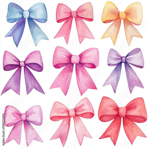 Colorful watercolor bows in various shapes and sizes. white background