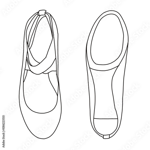 Women's Pull-On Criss-Cross Ankle Ballet Flats Shoes  Line art, Technical sketch hand drawing outline vector doodle top and bottom view isolated on white background