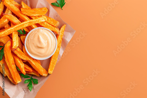 Sweet Potato Fries with Aioli: Vibrant Orange Background photo