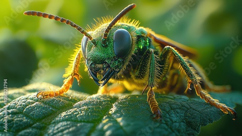 A high-definition macro shot of an Emerald Cockroach Wasp perched on a rainforest leaf, its metallic green body shimmering in the sunlight.  photo