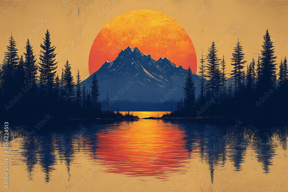 Fototapeta premium Majestic Mountain Sunset Reflected In Calm Lake Water