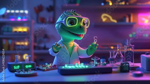 Adorable 3D dinosaur experimenting with science gadgets, wearing a lab coat and safety goggles, surrounded by glowing tech devices in a fun lab.