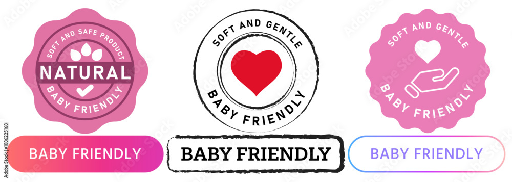 Baby friendly product safe gentle soft food clothes skin guarantee tested package stamp colorful badge emblem sticker label design icon collection Baby friendly product safe gentle soft food clothes skin guarantee tested package stamp colorful badge emblem sticker label design icon collection