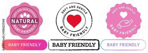 Baby friendly product safe gentle soft food clothes skin guarantee tested package stamp colorful badge emblem sticker label design icon collection