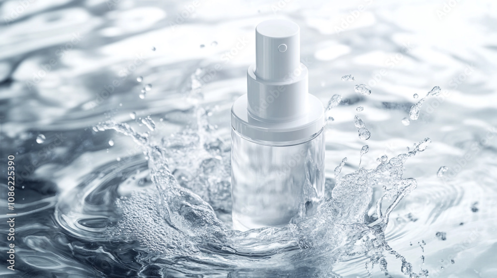 Elegant mockup of a clear spray bottle splashing in crystal water for product promotion Elegant mockup of a clear spray bottle splashing in crystal water for product promotion