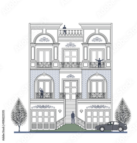 Facade of 3 storeys symmetrical modern classic house with 4 doors, 4 windows, 4 columns, frame, railing, crowns, canopy, balcony, garage and curve wall element.