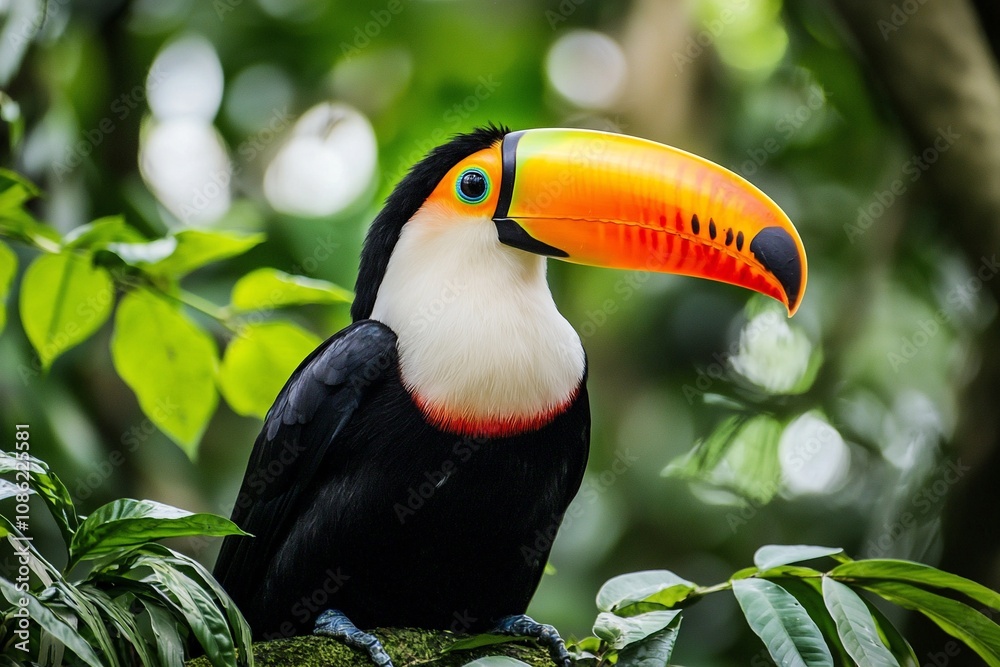 Fototapeta premium A Colorful Toucan Perched Among Lush Greenery in the Rainforest