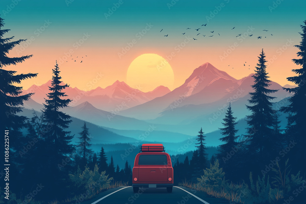 Red Van Drives Towards Sunset Mountain View Red Van Drives Towards Sunset Mountain View