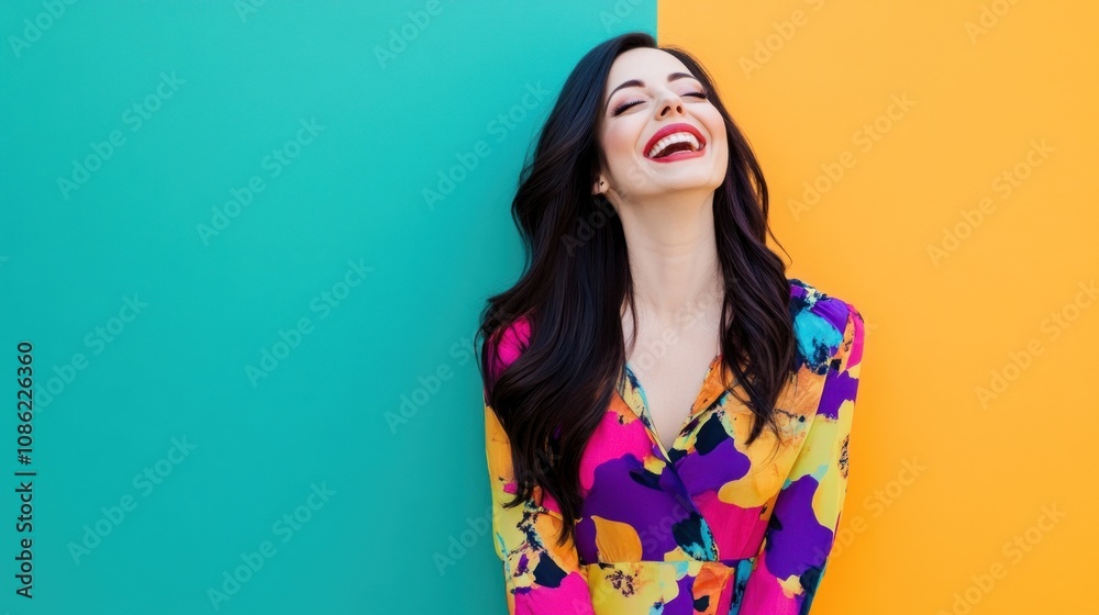 A smiling woman in a colorful outfit against a vibrant backdrop. A smiling woman in a colorful outfit against a vibrant backdrop.