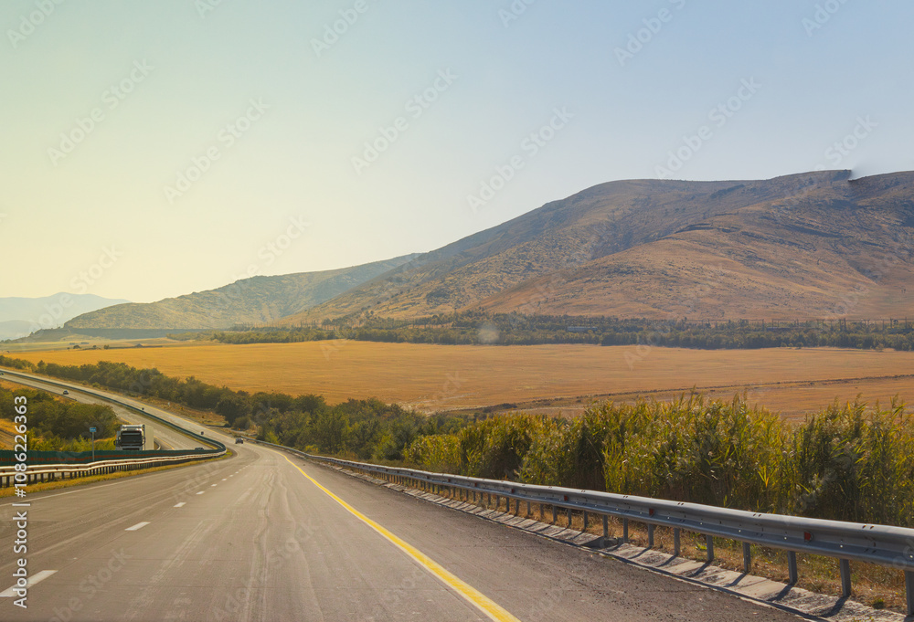 road in the morning, road with Mountain, Kazakhstan road and nature road in the morning, road with Mountain, Kazakhstan road and nature