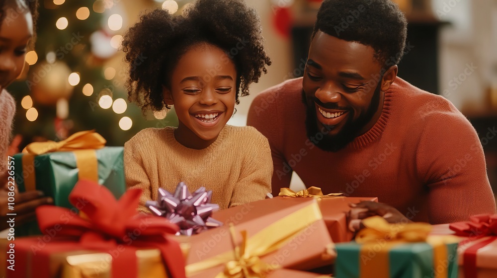 Black-haired woman celebrates Christmas. Cozy Christmas scene with family, father and children unwrapping presents by the tree. Black-haired woman celebrates Christmas. Cozy Christmas scene with family, father and children unwrapping presents by the tree.