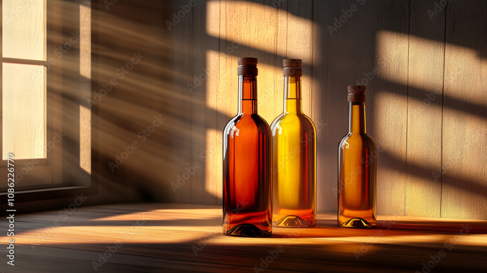 Elegant glass bottles capturing warm sunlight in a rustic setting showcasing texture and color Elegant glass bottles capturing warm sunlight in a rustic setting showcasing texture and color