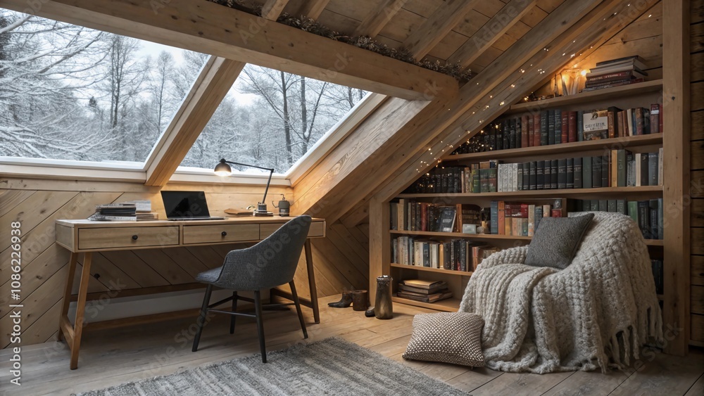 A workspace tucked under the wooden beams of a cozy loft. The desk is surrounded by bookshelves A workspace tucked under the wooden beams of a cozy loft. The desk is surrounded by bookshelves