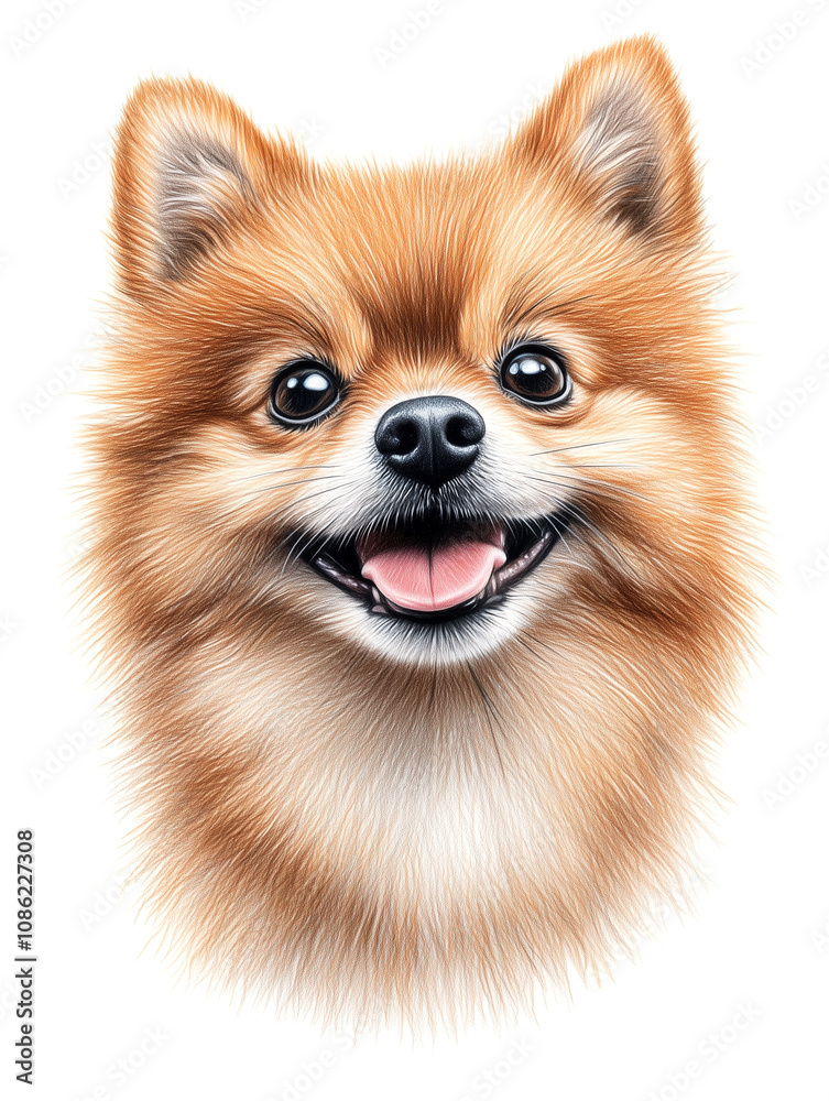 Obraz premium Pomeranian spitz dog illustration isolated on white background. Cute red and white toy dog face portrait for canine food, veterinary or dog grooming.