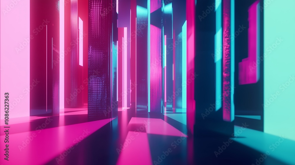 Abstract Futuristic Environment with Gradient Neon Lights Transitioning Through Vertical Structures in a Modern Digital Space Abstract Futuristic Environment with Gradient Neon Lights Transitioning Through Vertical Structures in a Modern Digital Space