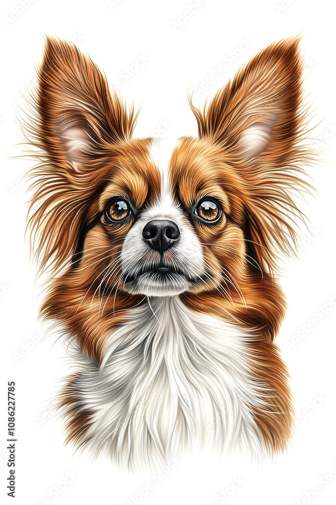 Papillon dog illustration isolated on white background. Cute red and white toy dog face portrait for canine food, veterinary or dog grooming. Papillon dog illustration isolated on white background. Cute red and white toy dog face portrait for canine food, veterinary or dog grooming.