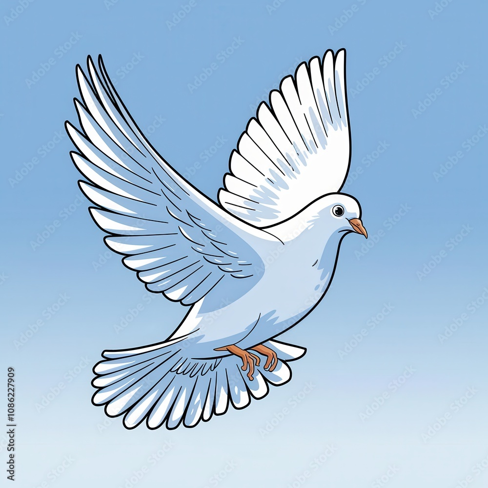 Obraz premium Illustrated White Dove in Mid-Flight Against a Soft Blue Gradient Background
