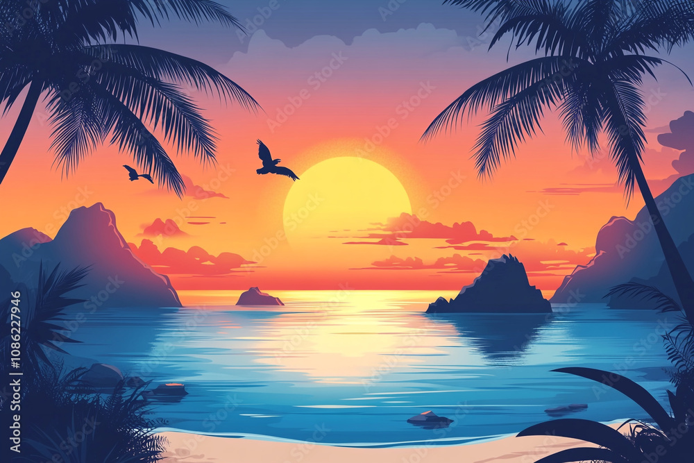 Fototapeta premium Tropical Sunset Over Calm Ocean and Silhouetted Islands