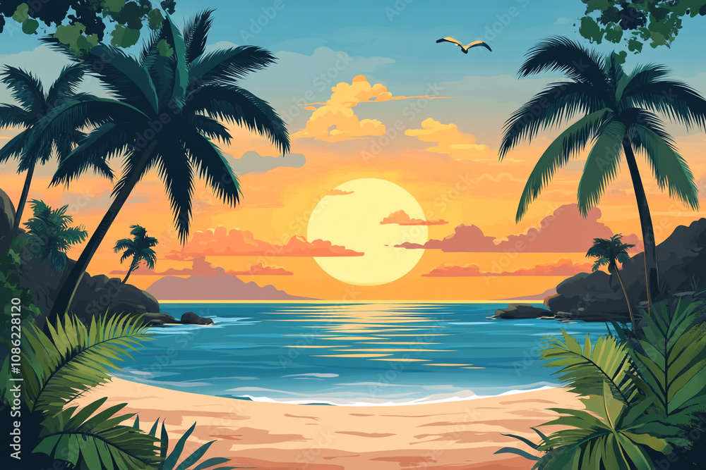 Fototapeta premium Tropical Beach Sunset Palm Trees Ocean Scene