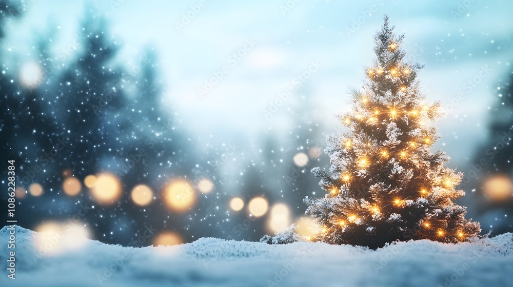 A Snowy Christmas Tree with Golden Lights in a Winter Wonderland A Snowy Christmas Tree with Golden Lights in a Winter Wonderland