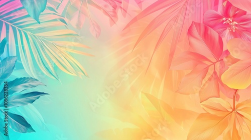 Vibrant Gradient Background Transitioning with Tropical Leaves in Soft Pink, Blue, and Yellow Tones for Creative Projects and Designs