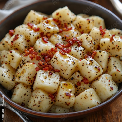 Delicious Potato SpÃ¤tzle Dish with Crumbled Bacon and Freshly Ground Black Pepper in Brown Bowl - Authentic German Cuisine Comfort Food Recipe photo