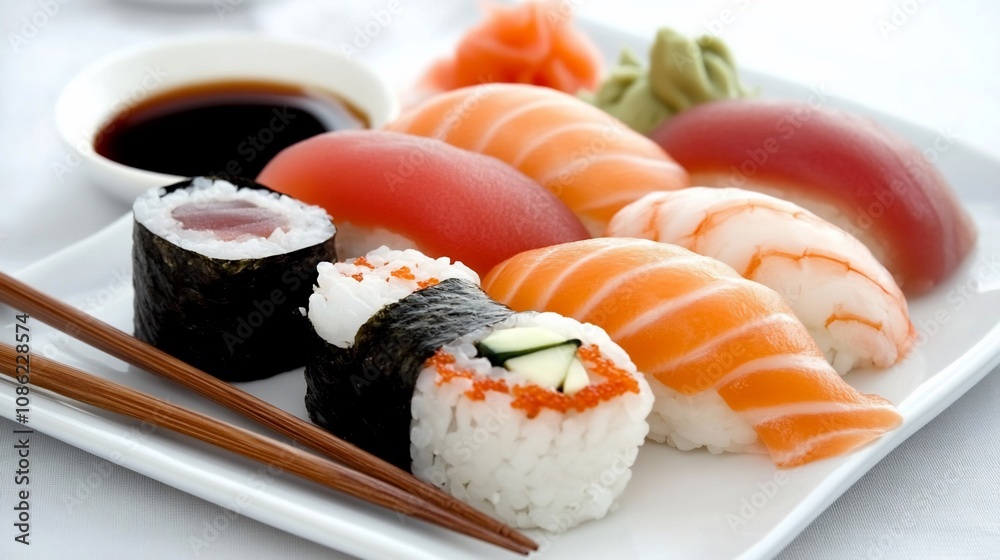 Assorted sushi pieces, including salmon, tuna, shrimp, and maki, served with soy sauce and chopsticks on a white rectangular plate. Assorted sushi pieces, including salmon, tuna, shrimp, and maki, served with soy sauce and chopsticks on a white rectangular plate.