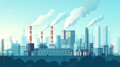 American factory with smokestacks releasing steam surrounded by a city skyline showcasing industrial activity