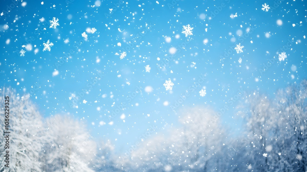 Fototapeta premium Snowflakes Falling on a Blue Sky with Blurred Trees in the Background