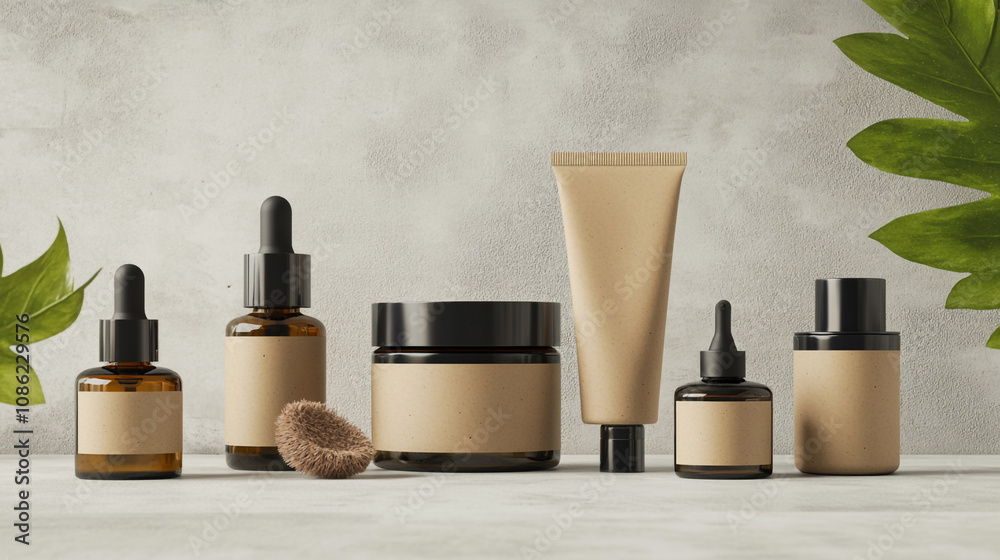 Elegant mockup of skincare products arranged with natural elements on a neutral background Elegant mockup of skincare products arranged with natural elements on a neutral background