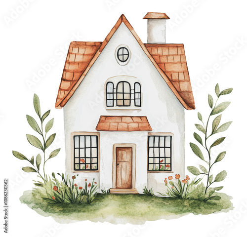 PNG Cozy house illustration in lush greenery