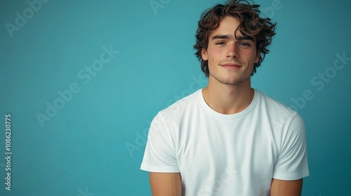 Portrait of a smiling young man in a white t-shirt against a blue background.