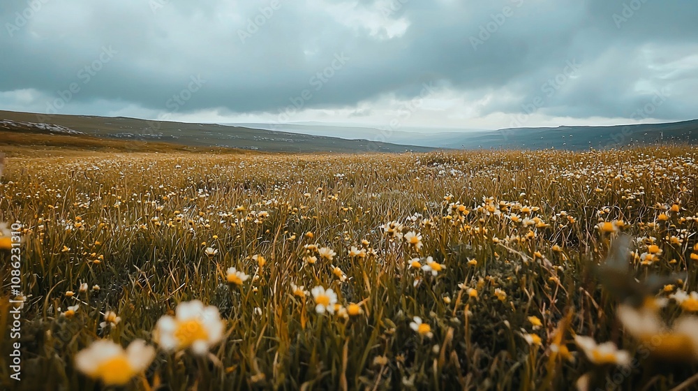 Fototapeta premium Vast Meadow Under Cloudy Skies: A Serene Landscape of Wildflowers