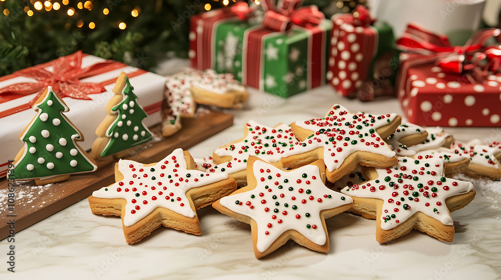 A festive spread of Christmas cookies shaped like stars and trees, placed alongside colorful gift boxes on a holiday table A festive spread of Christmas cookies shaped like stars and trees, placed alongside colorful gift boxes on a holiday table
