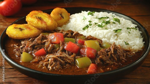 Savor Authentic Ropa Vieja with Rice and Fried Plantains - Cuban Dish Top Recipe - Shredded Beef Slow Cooked Tomato Bell Pepper Meal Delicious Caribbean Cuisine