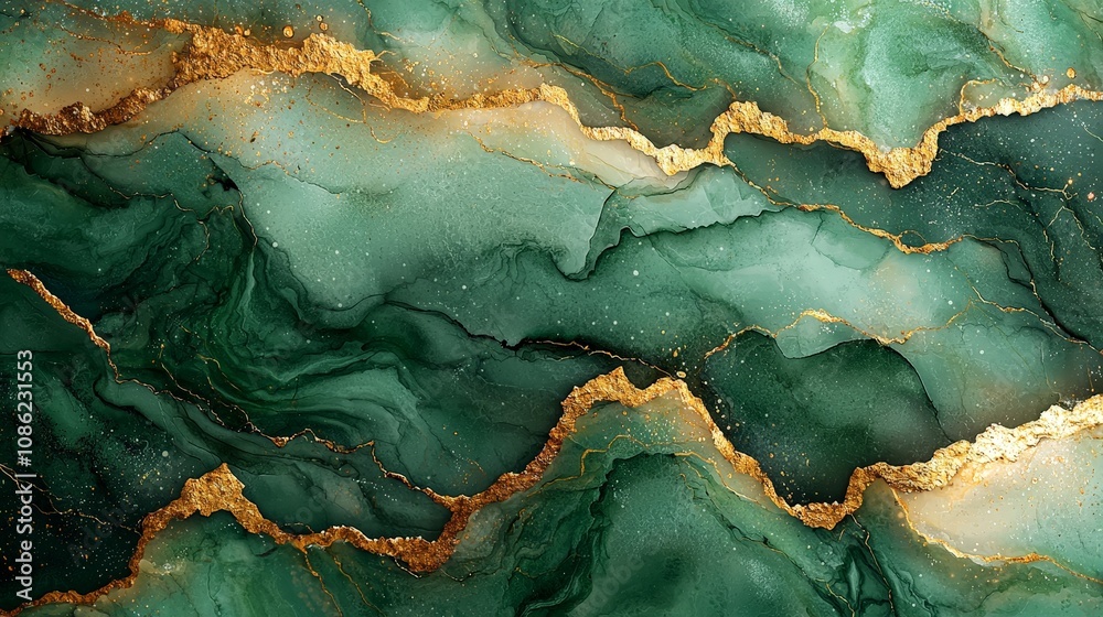 Abstract green and gold marbled texture with flowing patterns. Abstract green and gold marbled texture with flowing patterns.