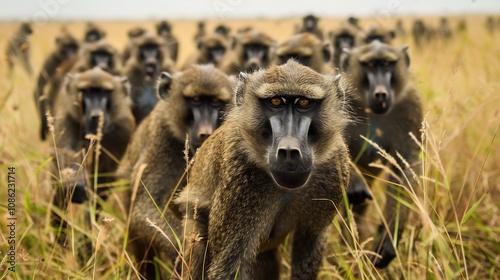 Baboon troops foraging the African savanna their strong social bonds and expressive faces reflecting the complexity of their behavior