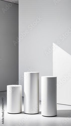 White Cylindrical Pedestals with Shadows on Clean Background. Minimal Product Display Stands for Modern Showroom Presentation