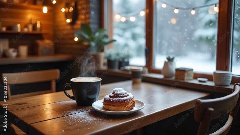 A warm coffee shop interior with wooden furniture, softly lit by fairy lights, snow is falling outside A warm coffee shop interior with wooden furniture, softly lit by fairy lights, snow is falling outside