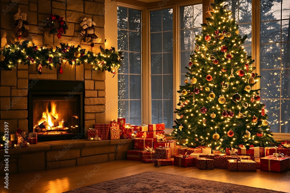 Christmas Tree Fireplace Presents Cozy Winter Holiday Christmas Tree Fireplace Presents Cozy Winter Holiday