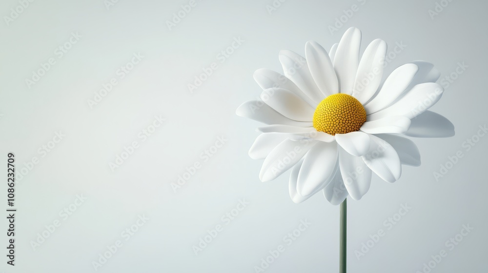 A single white daisy flower with a yellow center on a light grey background. A single white daisy flower with a yellow center on a light grey background.