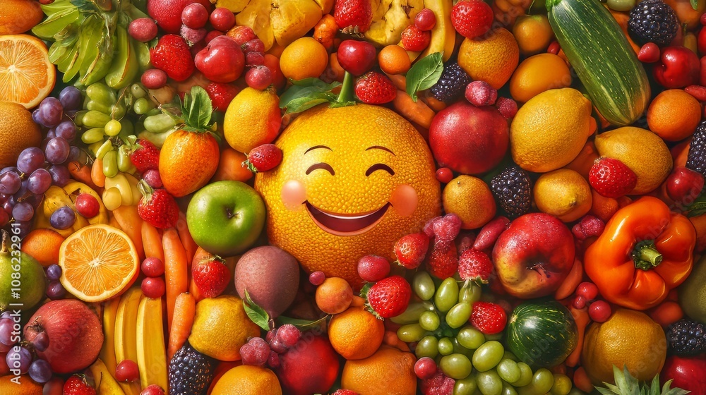 A colorful fruit and vegetable pattern with a smile, featuring a vibrant, cute design in lively colors, ultra-realistic and photorealistic food vector imagery A colorful fruit and vegetable pattern with a smile, featuring a vibrant, cute design in lively colors, ultra-realistic and photorealistic food vector imagery