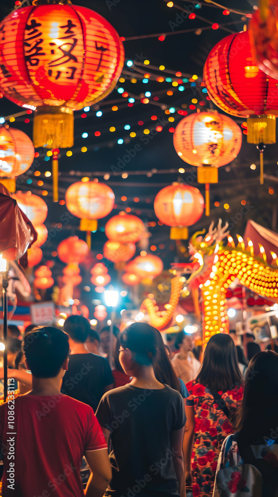 A vibrant night market filled with lanterns and people celebrating a festive atmosphere. A vibrant night market filled with lanterns and people celebrating a festive atmosphere.