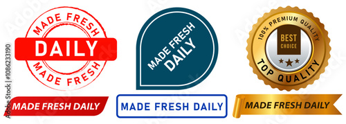 Made fresh daily food product healthy everyday produce new pure handmade homemade stamp colorful badges emblem sticker label banner ribbon design icon set collection