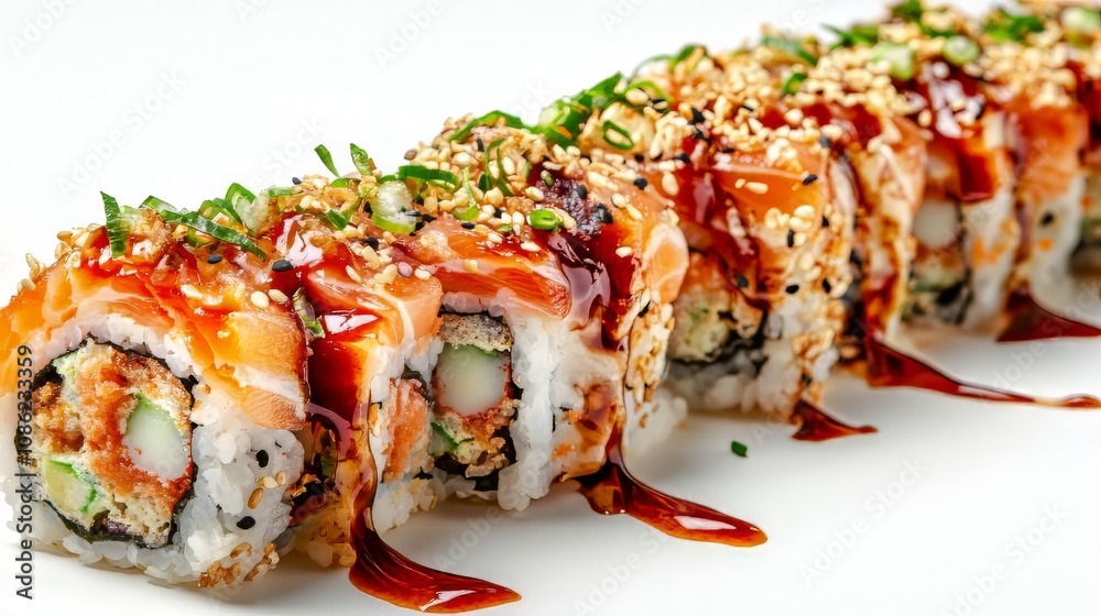 A creative composition sushi, magazine cover design, white background, high detail serve luxary. food vectors. Ultra realistic. Photorealistic